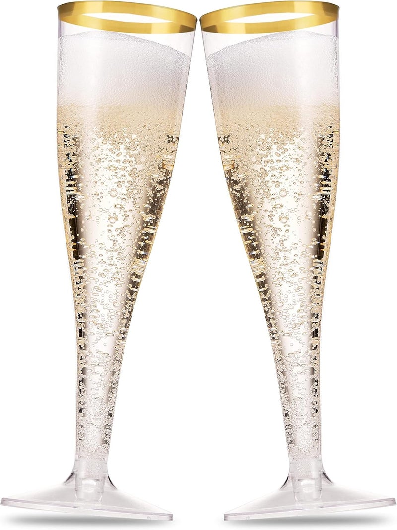 Munfix 50 Pack Gold Rimmed Plastic Champagne Flutes 5 Oz Clear Plastic Toasting Glasses Fancy Disposable Wedding Party Cocktail Cups with Gold Rim - Image 1